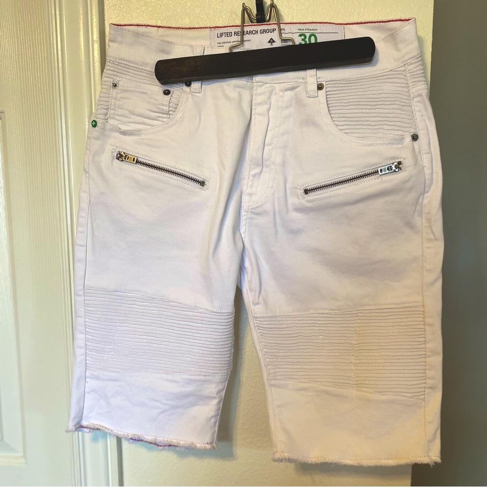LRG Men’s 30 White Rally Shorts, Jean Moto Zipper Knee-length